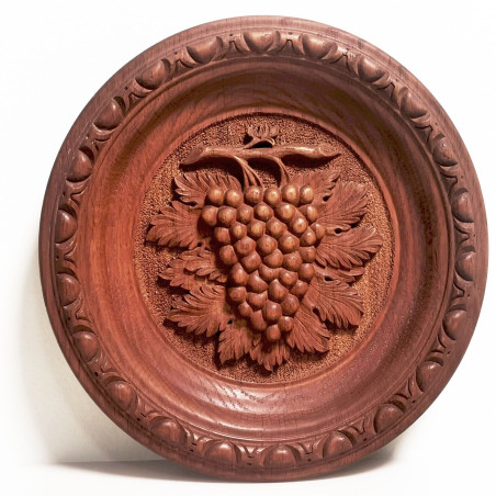 Black Forest Wall Hanging Wood Hand Carved Round Grape Plaque Signed 50's Lecie