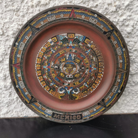 Old Antique Mexico Maya Aztec Calendar Enamel on Copper Plate Wall Hanging Art