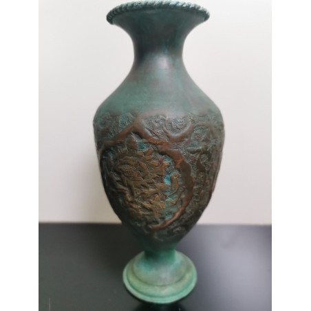 19th Century IndoPersian Islamic Hammered Copper Vase w/ Original Green Patina