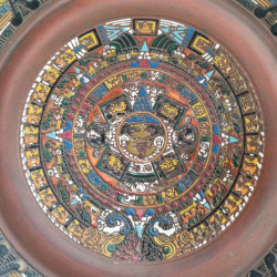 Old Antique Mexico Maya Aztec Calendar Enamel on Copper Plate Wall Hanging Art