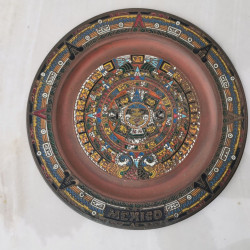 Old Antique Mexico Maya Aztec Calendar Enamel on Copper Plate Wall Hanging Art