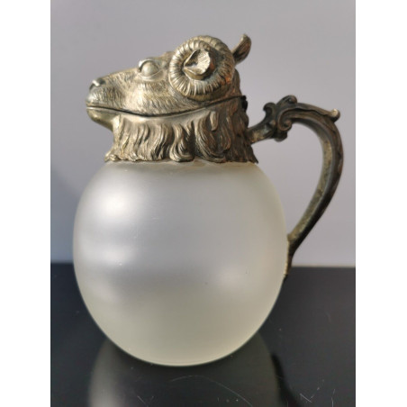 Vintage Rams Head Frosted Glass Pitcher Silver Plate Wine Decanter Claret Jug