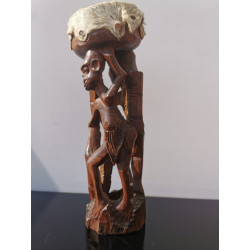 Heavy Wood Carved African Male and Female Holding Zulu Swazi Drum on the Head
