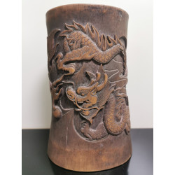Old Antique Chinese Dynasty Bamboo Hand Carved Vase Dragon Bead Brush Pot Rarest