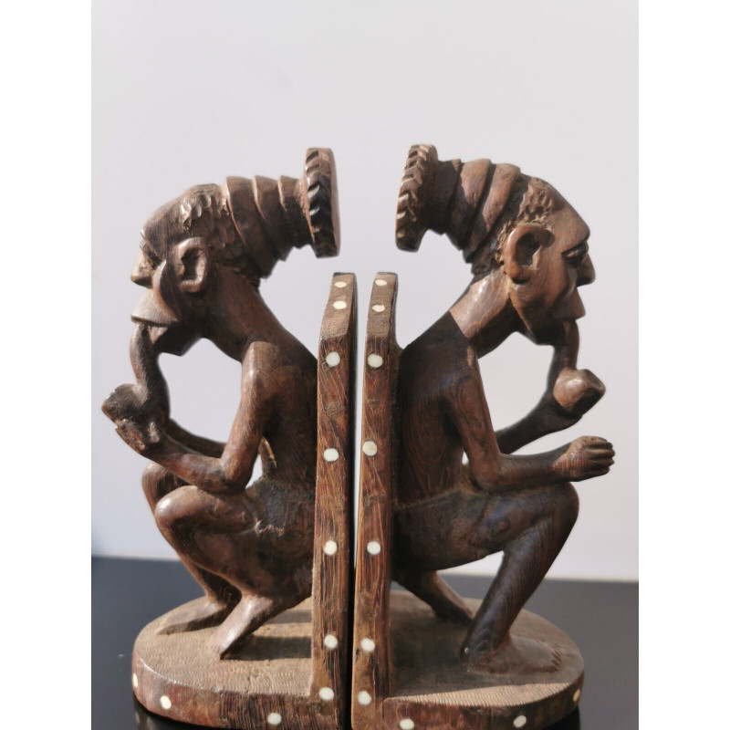 Ethnic African Tribal Primitive Book Holder Ebony Figures with Pipe Hand Carved