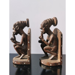 Ethnic African Tribal Primitive Book Holder Ebony Figures with Pipe Hand Carved