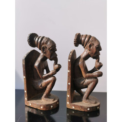 Ethnic African Tribal Primitive Book Holder Ebony Figures with Pipe Hand Carved