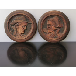 Pair of Antique Round Wall Hanging Plaque Bretons Man and Woman Brittany French
