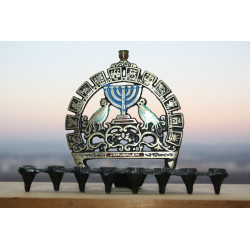 Vintage Judaica Hanukkah Jewish Brass Enamel 12 Tribes Menorah Israel Jerusalem
