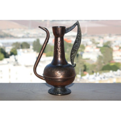 Arts & Crafts 50's Israel Hammered Copper Coffee Pot with Brass Handle and Base