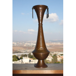 Vintage 50's Handmade Israel Arts & Crafts Hammered Copper Vase w/ Brass Handles