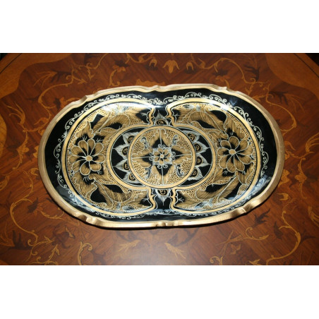 Vintage Hand Painted Black and Gold Serving Wooden Tray Flowers Rustic Folk Art