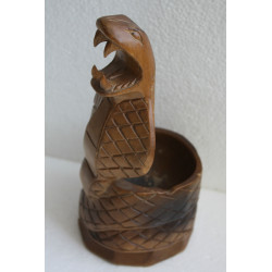 Vintage Hand Carved Solid Wood Ashtray Snake Cobra Unique Wooden Art 8" Decor