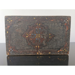 Antique c. 19th Rectangle Wooden Jewelry Trinket Box Hand Painted and Engraved