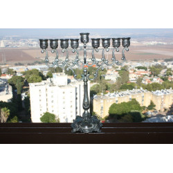 Jerusalem Modern Judaica Hanukah Jewish Menorah Silver Tone Metal Holy Land 10"