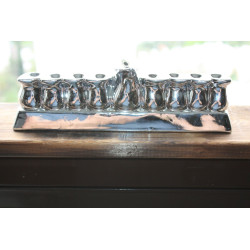 Vintage Judaica Hanukkah Jewish Menorah Silver Tone Porcelain Holy Land Israel