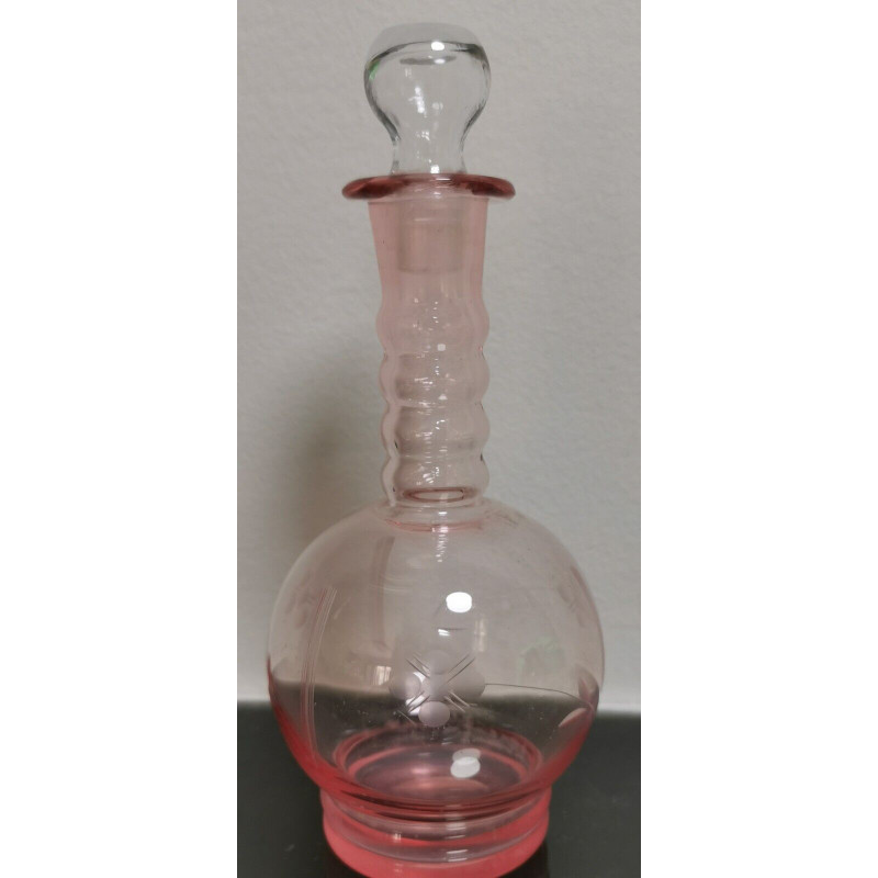 Vintage Pink Glass Hand Blown Etched Decanter