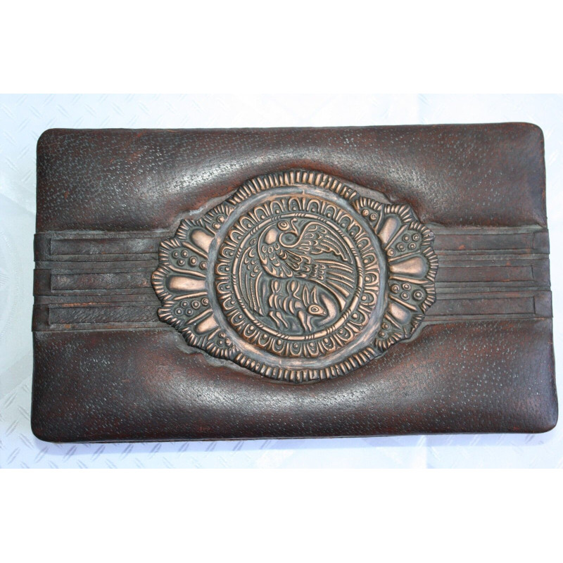 Old Antique Tooled Brown Thin Leather Jewelry Trinket Box with Copper Monogram