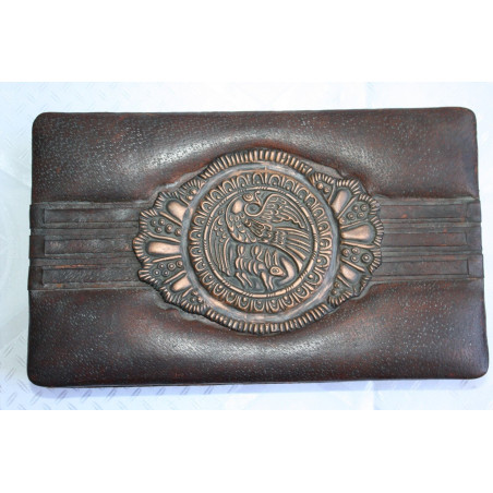 Old Antique Tooled Brown Thin Leather Jewelry Trinket Box with Copper Monogram