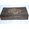 Old Antique Tooled Brown Thin Leather Jewelry Trinket Box with Copper Monogram