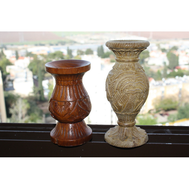 Pair of Vintage Hand Carved Wooden Vase Wood Art Home Bar Decoration