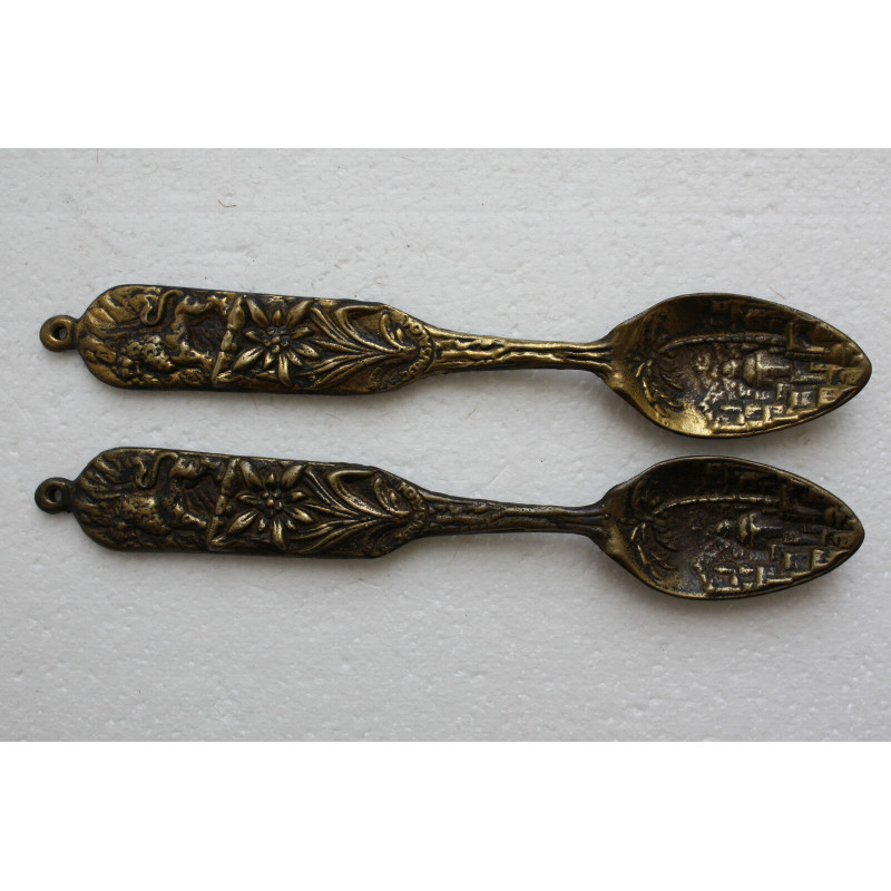Pair of Antique Jerusalem Bronze Spoon Wall Hanging Large and Heavy Holy Land IL