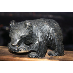 Wooden Grizzle Bear with Fish Hand Carved Solid Wood Schwarzwald Black Forest  S