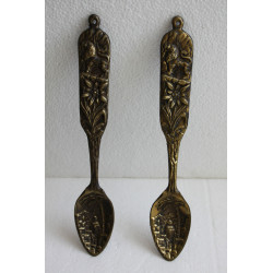 Pair of Antique Jerusalem Bronze Spoon Wall Hanging Large and Heavy Holy Land IL
