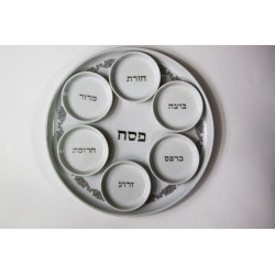 Large and Heavy Ceramic Passover Tray Plate with 6 Small Bowls Judaica