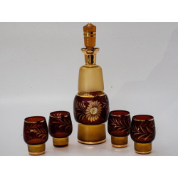 Beautiful Vintage Bohemian Engraved Decanter Set Amber Glass Gold + 4 glasses