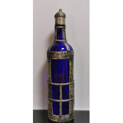 Antique Handcrafted Moroccan Blue Glass Bottle with Metal Overlay